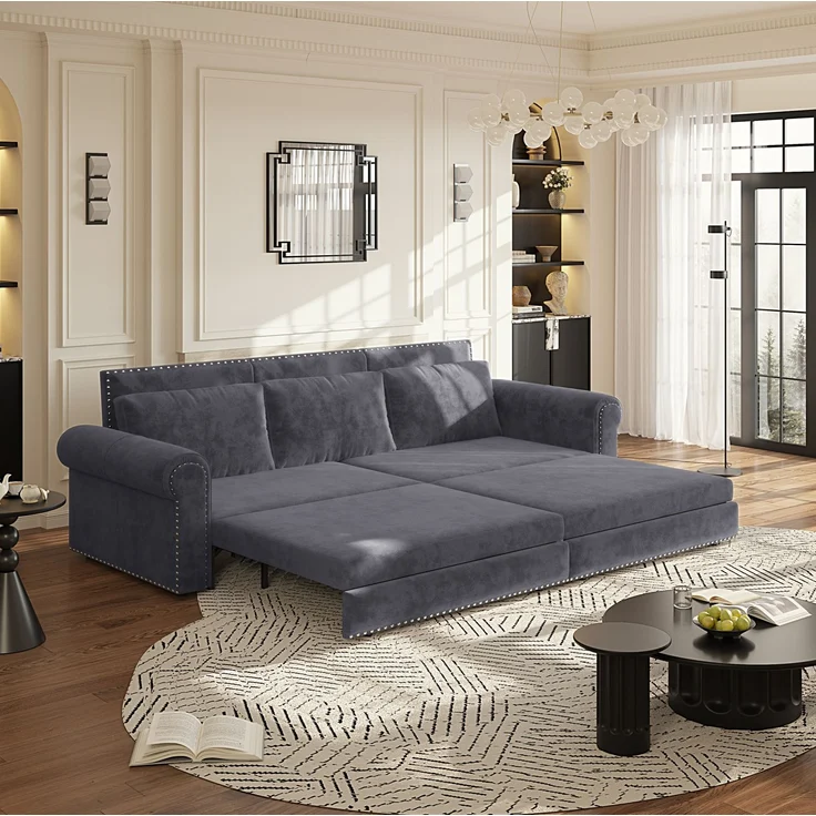 Schlafsofa 238x90x98 cm, 3-in-1 ausziehbar mit Samtbezug und verstellbaren Rückenkissen, Ohne Matratze – Bild 2