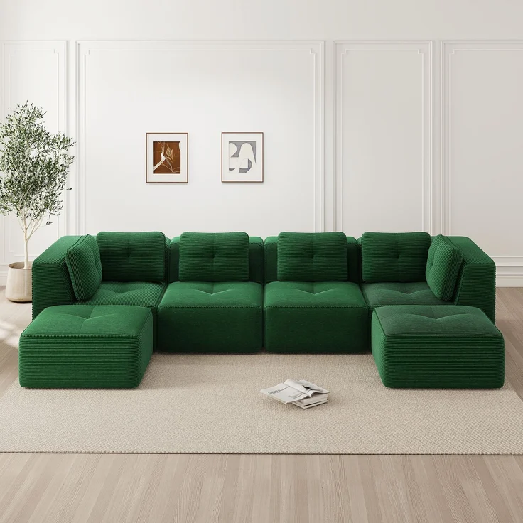 Wohnora-Modulares Wohnzimmersofa ohne Gestell, modulares Ecksofa, U-förmiges Sofa mit Ottomane, tiefes Schlafsofa, rutschfestes Design, keine Montage erforderlich,Grün,H 69cm x T 386cm x B 177cm – Bild 1