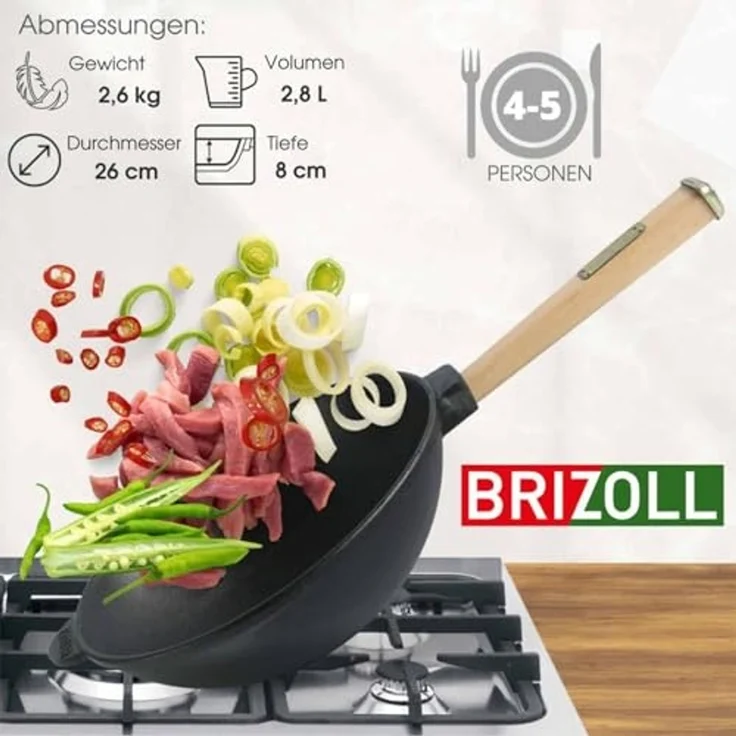 Wok Bratpfanne Ø26 cm 2,8 L aus Gusseisen mit Holzgriff Glasdeckel Asia Wokpfanne Induktion – Bild 7