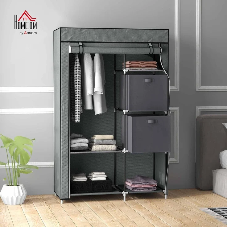 HOMCOM Stoffschrank, Faltschrank mit Schubladen, Kleiderschrank mit Kleiderstange, Reißverschluss, Garderobe für Schlafzimmer, Vliesstoff, Dunkelgrau, 102 x 42,5 x 162,5 cm – Bild 2