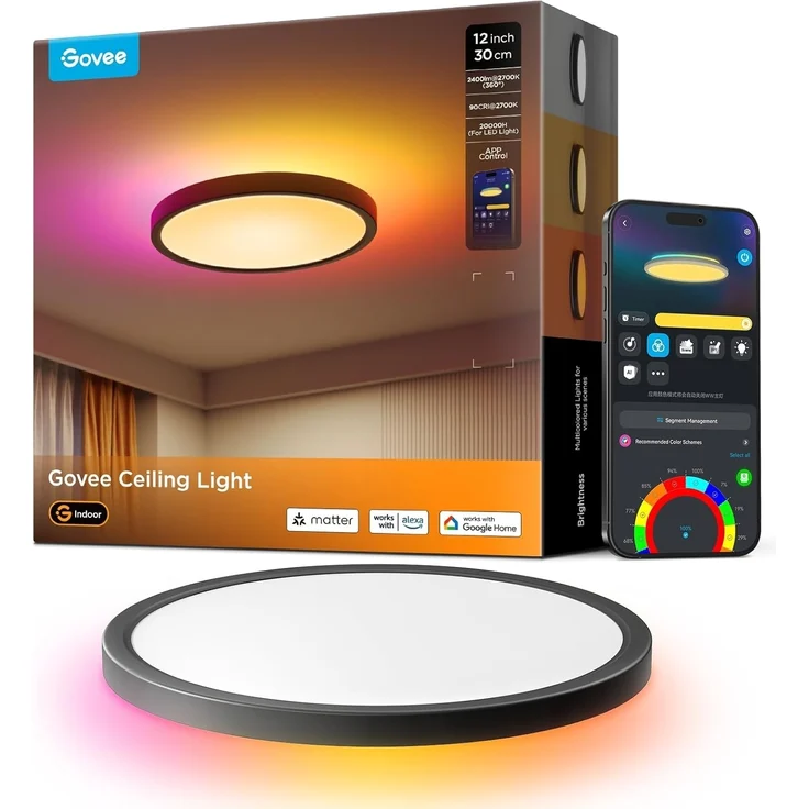 Govee Deckenlampe RGBIC 24W, Smart Led Deckenleuchte Ø30cm Kompatibel mit Matter, Alexa & Google Assistant, Deckenlampe Led Dimmbar mit 16 Millionen DIY Farben, für Schlafzimmer, Wohnzimmer, Schwarz