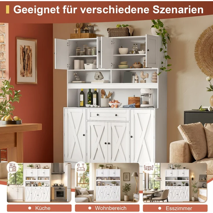 ZUBALIYA Buffetschrank 140x40x185 cm, mit verstellbaren Einlegeböden, aus MDF, Weiß – Bild 4