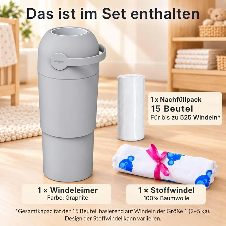 Set Magic Windeleimer, Abfalleimer mit Geruchsstopp, ohne Kassette + Windel | Hygienischer Mülleimer Geruchsdicht für Windeln ohne Kassette, Hygieneeimer für Windelentsorgung, Bad, Kinderzimmer, Küche – Bild 6