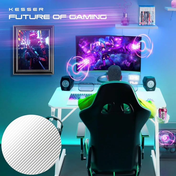 KESSER® Gaming Tisch LED | Z-Form Gamer Schreibtisch | Kopfhörerhaken & Kohlebeschichtung | Ergonomischer PC Computertisch | Stabiler Tisch mit Mauspad & Getränkehalter 120 x 60 cm, Weiß Carbon – Bild 4