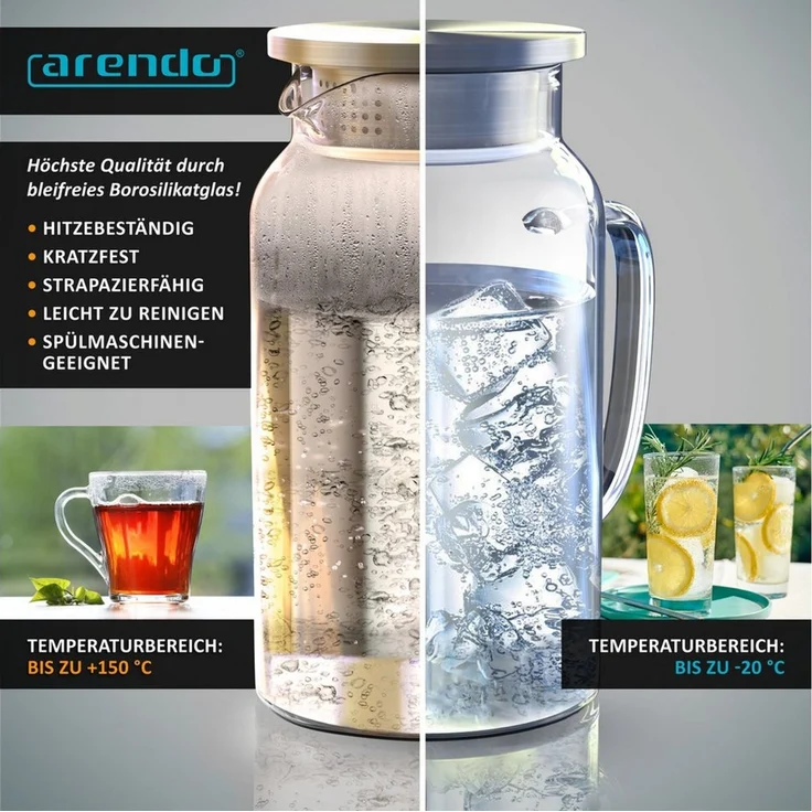 Arendo Karaffe Glaskaraffe mit Deckel aus lebensmittelechtem Edelstahl, Borosilikatglas, 1450 ml, Sieb, hitze- und kältebeständig, BPA-frei – Bild 3