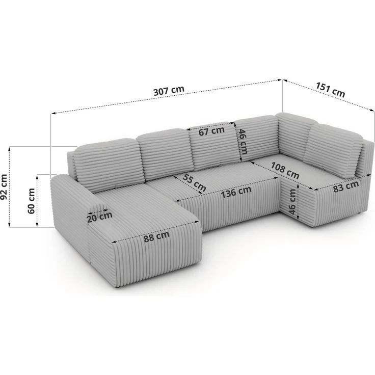 U-förmiges Sofa NESSARO COR U mit Schlaffunktion und Bettkasten, Freistehende Wohnlandschaft, DL-System, Bonellfederkern - Grau Cord - Rechts Seite – Bild 7