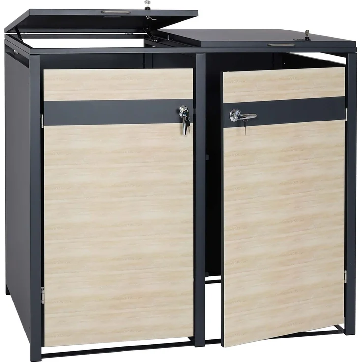 2er Mülltonnenverkleidung HWC-J82, Mülltonnenbox, erweiterbar, Metall 50kg, anthrazit ~ Buche-Holzoptik hellbraun – Bild 9