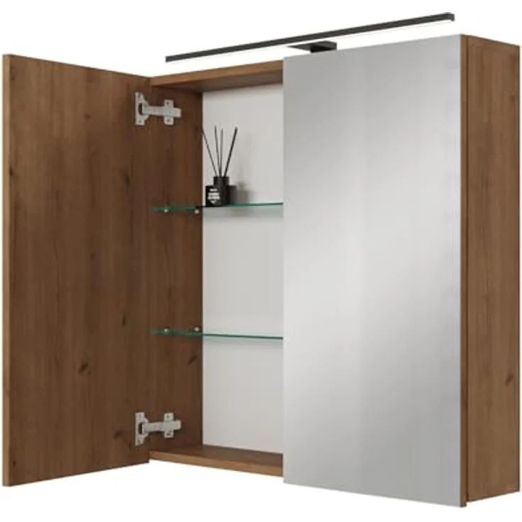 Planetmöbel ARIA Spiegelschrank Bad mit Beleuchtung 70 cm breit | Badschrank hängend mit Spiegel | Gold Eiche, mit Leuchte und Steckdose, Spiegelschrank Gäste WC 70 x 70 x 16 cm – Bild 2