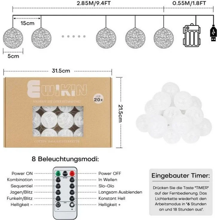 Vivitar LED-Lichternetz Dimmbares Wattebausch-Licht mit Fernbedienung – USB + Batteriefach, 8 Lichtmodi, 5 Helligkeitsstufen, ideal für Weihnachten – Bild 2