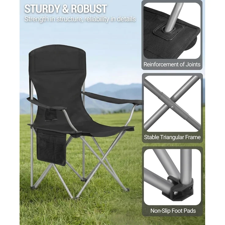 Campingstuhl, 2er Set, Campingstuhl Faltbar mit Getränkehalter und Tragetasch, Schwerlaststruktur bis 150 KG, Anglersessel Klappbar, Anglerstuhl, Gartenstuhl Outdoor, Schwarz – Bild 6