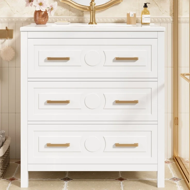 Waschtisch 76,5x47x82 cm mit Keramikbecken und 3 Schubladen – Weiß – Bild 1