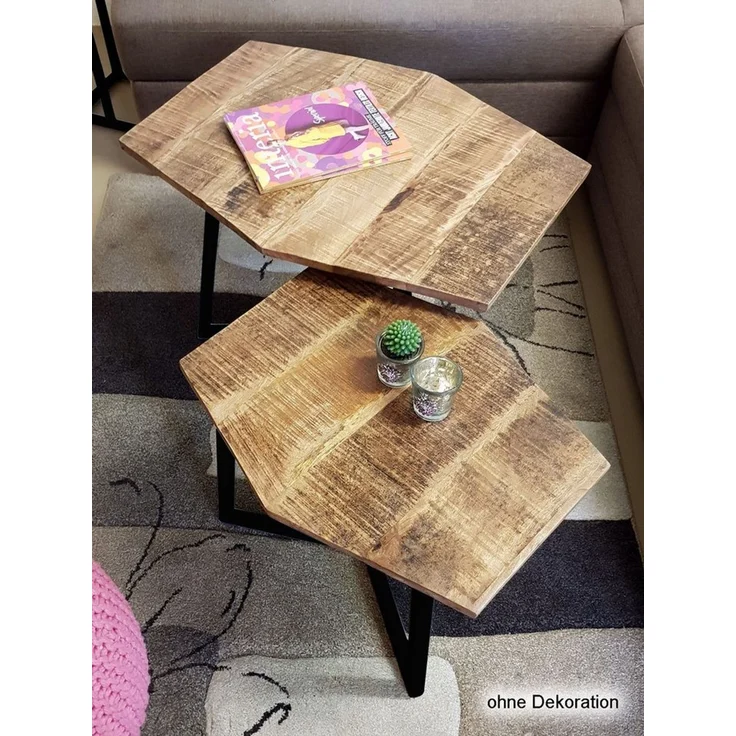 Amagohome Couchtisch 2er-Set sechseckige Couchtische München aus massivem Mangoholz & Eisen – Bild 3