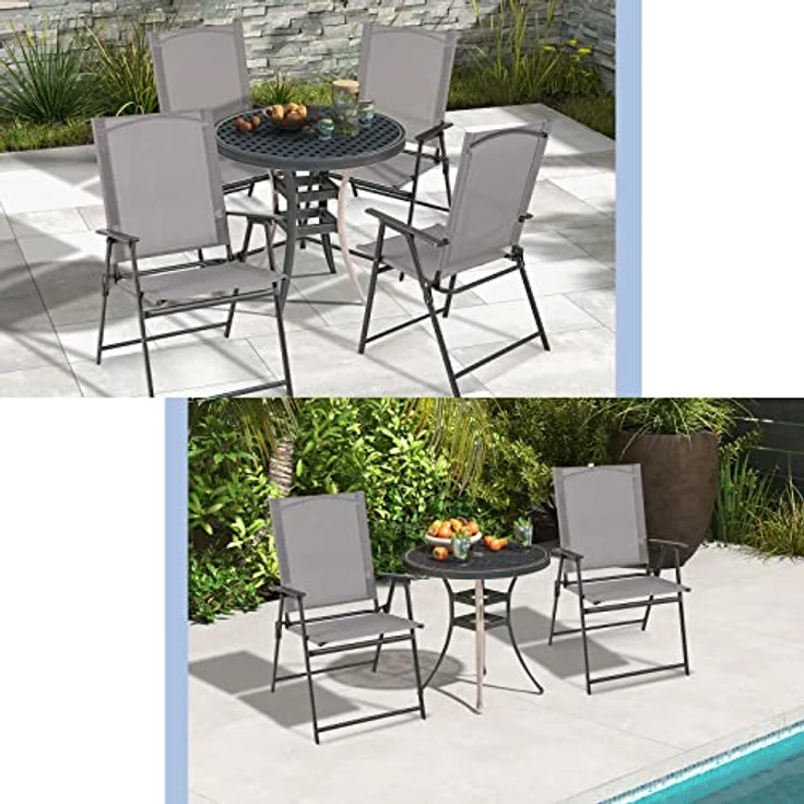 COSTWAY 2er Set Gartenstühle, Hochlehner Klappstühle mit wetterfestem Stoff, Balkonstühle mit Armlehnen, Terrassenstühle bis 150 kg belastbar, für Garten, Terrasse, Balkon, Grau – Bild 4