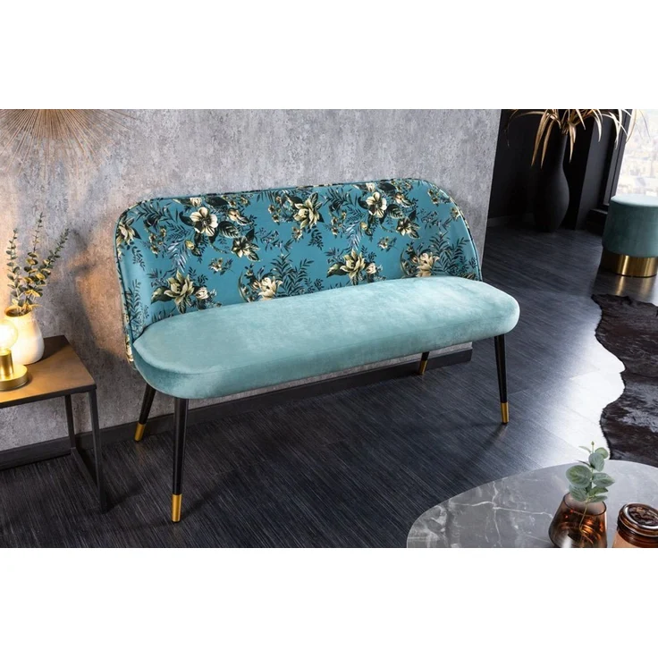 riess-ambiente Sitzbank PRÊT-À-PORTER türkis / schwarz (Einzelartikel, 1-St), Wohnzimmer · Samt · Metall · florales Design · Retro – Bild 2