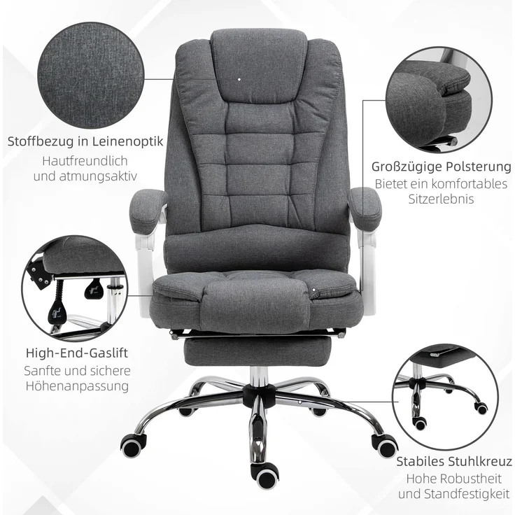 Vinsetto Bürostuhl, Eisen, Leinen, Schaumstoff, Nylon, Grau, 65L x 70B x 110-118H cm – Bild 4