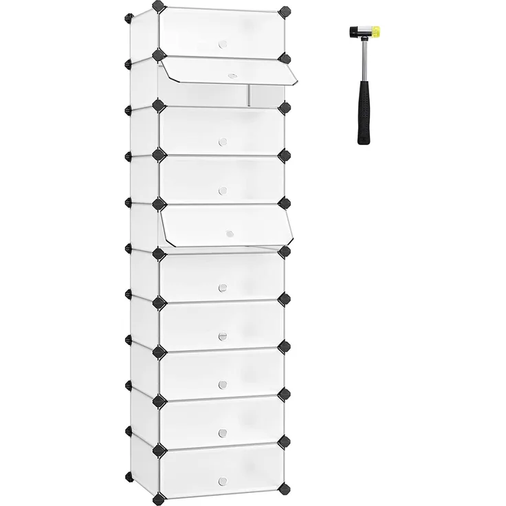 Songmics 'LPC10W' Schuhregal aus Kunststoff, rechteckiges Regalsystem mit 10 Fächern, DIY Steckregal, Aufbewahrungsregal, Kleiderschrank, Schuh-Organizer, Metalldraht, Weiß, 173 x 43 x 31 cm