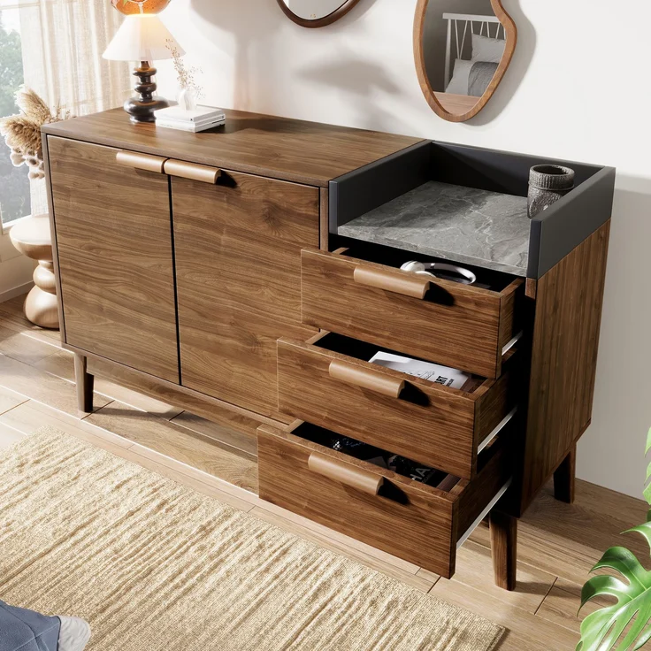 Merax Wohnzimmer Kommode mit Marmor-Optik Platte - Offene Ablage + 3 Schubladen & Doppeltürschrank (innen höhenverstellbar) - Massivholzbeine & kehrroboterfähig, H77/B120/T40 cm – Bild 1