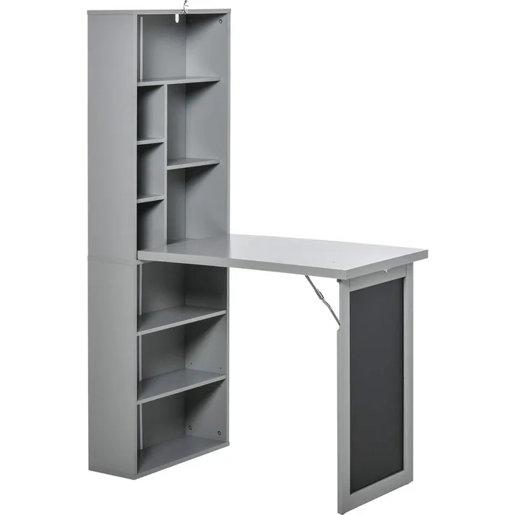 HOMCOM Schreibtisch Esstisch klappbar mit 6 Fächer Bücherregal mit 3 Regale Computertisch Bürotisch E1 Spanplatte Metallrahmen Dunkelgrau 98 x 51 x 153 cm