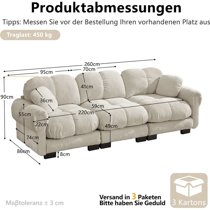 EINHOM 3-Sitzer Cloud-Sofa, inklusive 2 kleinen Dekokissen, Feines Steppdesign, Dicke Sitzkissen, Weich und Stützend, Ergonomisch geformte Rückenlehne, Einfach Aufzubauen, geeignet für das Wohnzimmer, Hellkhaki – Bild 2
