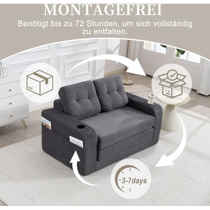 LVHOM 2-Sitzer Sofa aus Cordstoff – Montagefrei, Multifunktionales Schlafsofa mit Getränkehaltern und Seitentaschen, klappbares Gästebett, Grau – Bild 4