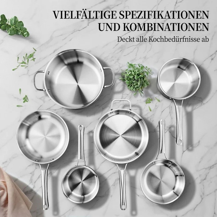 VINGLI Pfannen-Set Pfannenset Edelstahl, Bratpfannen, PTFE frei, (10-tlg, 2 Pfannen 4 Töpfe mit 4 Glasdeckeln), für alle Herdarten, Spülmaschinenfest – Bild 3