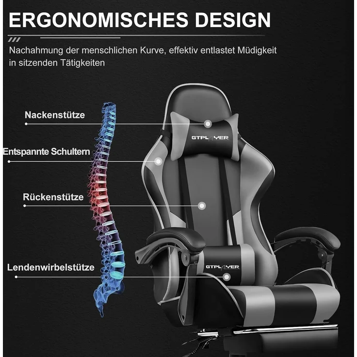 GTPLAYER Bürostuhl Gaming Stuhl Massage Gaming Sessel Ergonomischer Gamer Stuhl mit Fußstütze, Gepolstert Gaming Chair, Drehsessel 150KG, grau – Bild 3