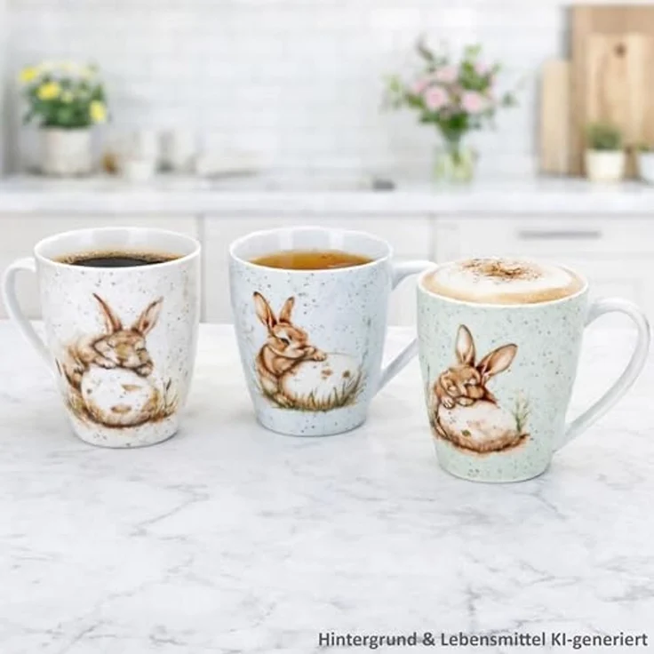 Ritzenhoff & Breker Becher Ritzenhoff 3er Set Kaffeebecher Bunny 300ml Hase Ostern Weiß Grün Blau, Porzellan – Bild 3