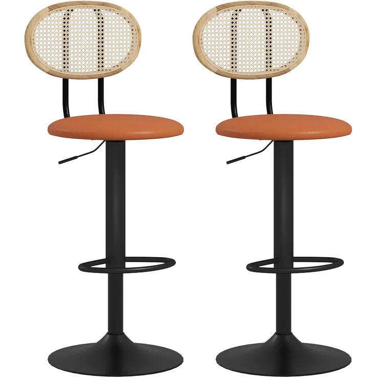 2er-Set Barhocker, höhenverstellbare Barstühle mit Rattan-Rückenlehne und Fußstütze, braun