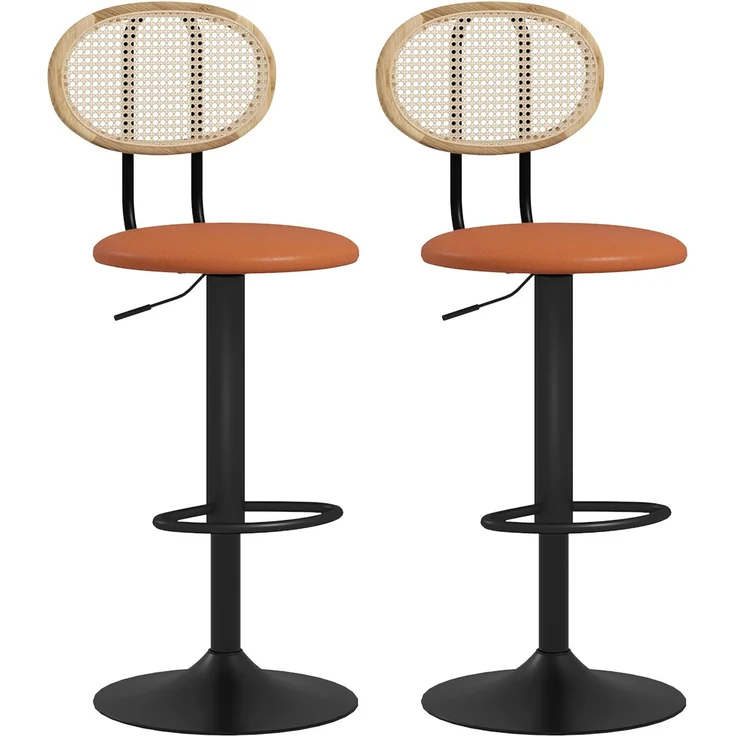 2er-Set Barhocker, höhenverstellbare Barstühle mit Rattan-Rückenlehne und Fußstütze, braun – Bild 1