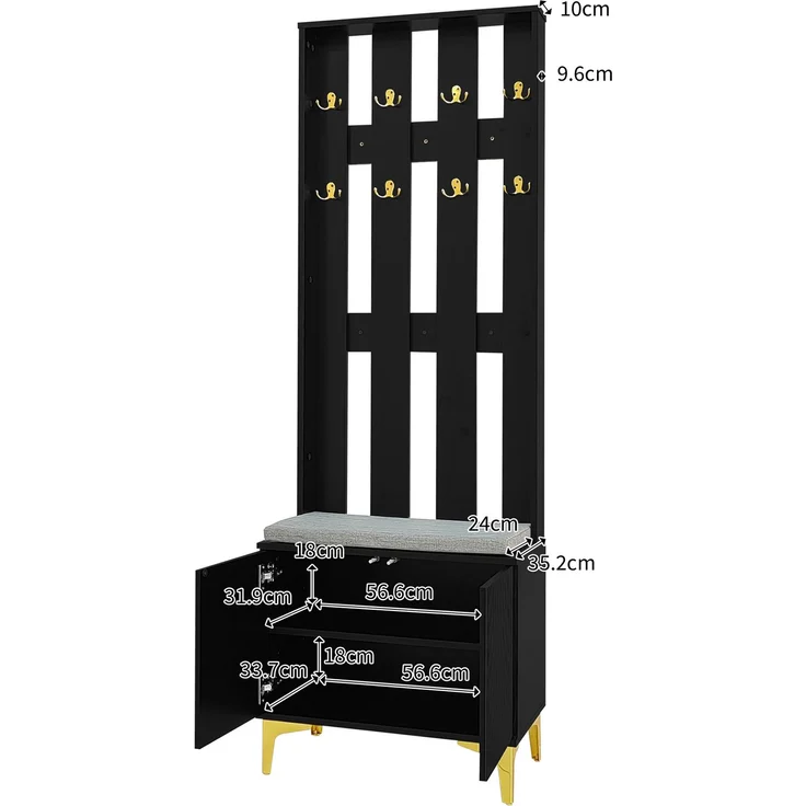 Garderobenset 60,5x35,2x180,5 cm, mit Schuhbank, Kissen, Wellenfront und Push-to-open in Schwarz/Gold – Bild 6