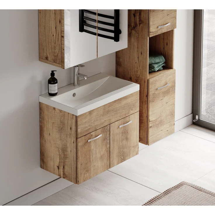 Badplaats Badmöbel Komplettset Montreal 60x35 cm Kastanien Eiche - Badezimmermöbel mit Waschbecken und Spiegelschrank – Bild 5
