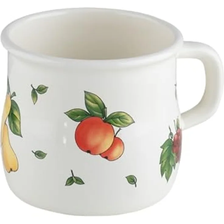 Riess Topf mit Bördel Becher gebaucht Ø8cm 3/8 Liter Emaille Country Fruit Garden