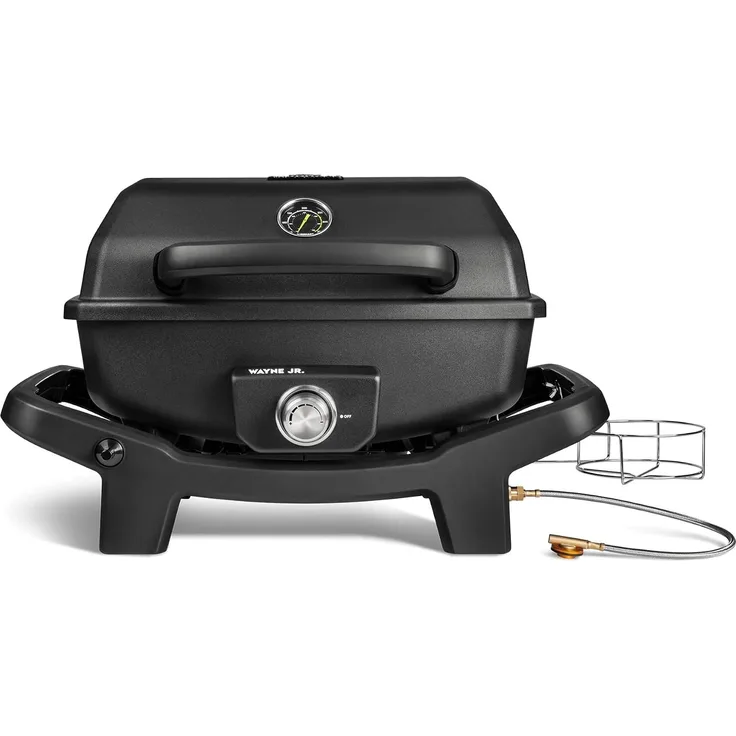 BURNHARD® 1-Brenner Gasgrill WAYNE JR. 3,6 kW, Tragbarer Balkongrill, Tischgasgrill mit Aludruckguss Brennkammer, Gusseisen Grillroste inkl. Abdeckhaube und Gasflaschen Adapter, Schwarz, 35,4 x 43 x 58 cm