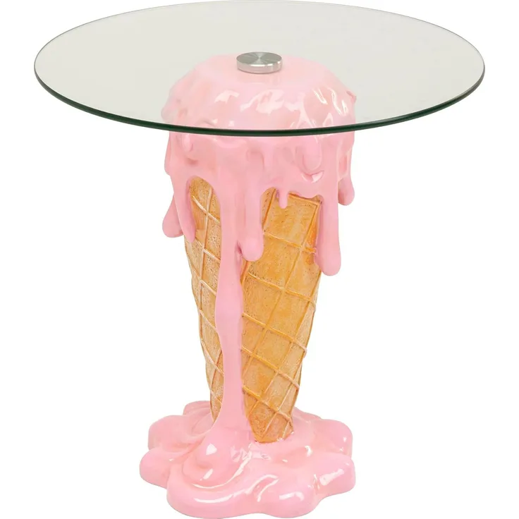 Kare Design Beistelltisch Ice Cream, Rosa/Braun, 48cm Durchmesser, Couchtisch, Ablage, Wohnzimmertisch, EIS-Motiv, Glas Tischplatte, Rund