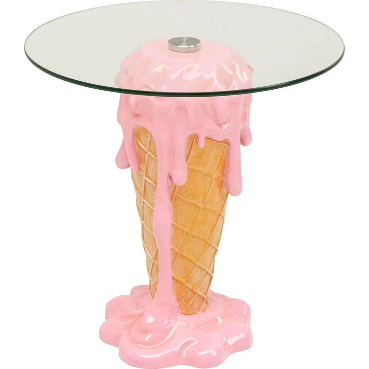 Kare Design Beistelltisch Ice Cream, Rosa/Braun, 48cm Durchmesser, Couchtisch, Ablage, Wohnzimmertisch, EIS-Motiv, Glas Tischplatte, Rund