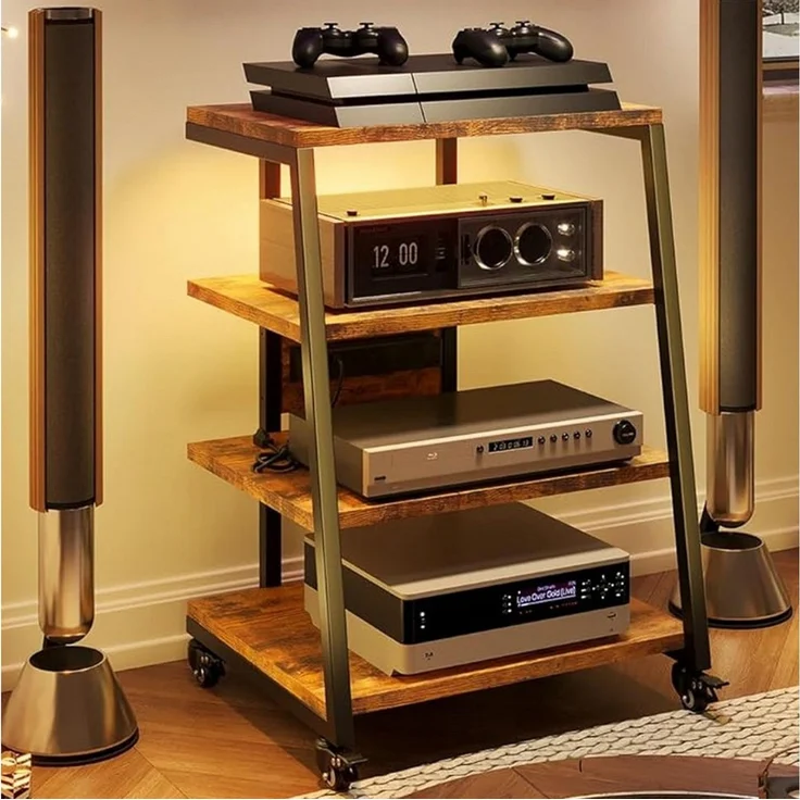 XIIW TV-Rack HiFi Möbel Rack mit LED & Rädern Plattenspieler-Ständer TV-Regal (4 Etagen, 60 x 51 x 85 cm), Media-Regal mit 2 RGB-LEDs per App, Verstellbaren Ablagen, bis 140 kg – Bild 1