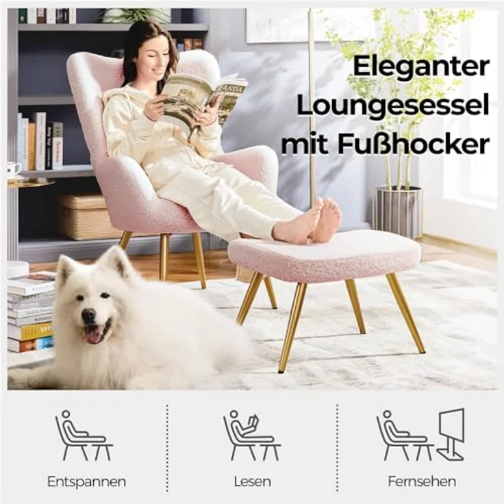 Yaheetech Ohrensessel mit Hocker Polyester-Bezug, Fernsehsessel Armlehnensessel Polstersessel Relaxsessel Cocktailsessel Teddy-Plüsch Stilvolles Design Rosa – Bild 7