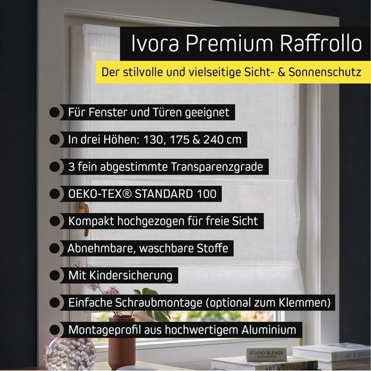 Victoria M. Raffrollo Ivora Premium Raffrollo 40x130cm Weiß Blickdicht, mit Faltenband, mit Bohren, freihängend, Abnehmbarer Stoff mit OEKO-TEX® Zertifizierung – Bild 4