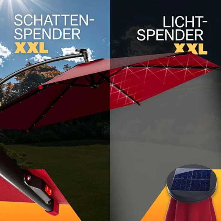 Kingsleeve Sonnenschirm 300 cm LED Beleuchtet UV Schutz 80+ Schutzhülle Kurbel Ampelschirm Rot – Bild 5
