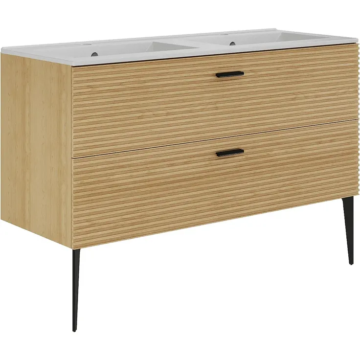 Vente-unique - Badezimmermöbel geriffelt auf Füßen mit Einbauwaschbecken - 2 Schubladen - Natur hell - 120 cm - SARONE