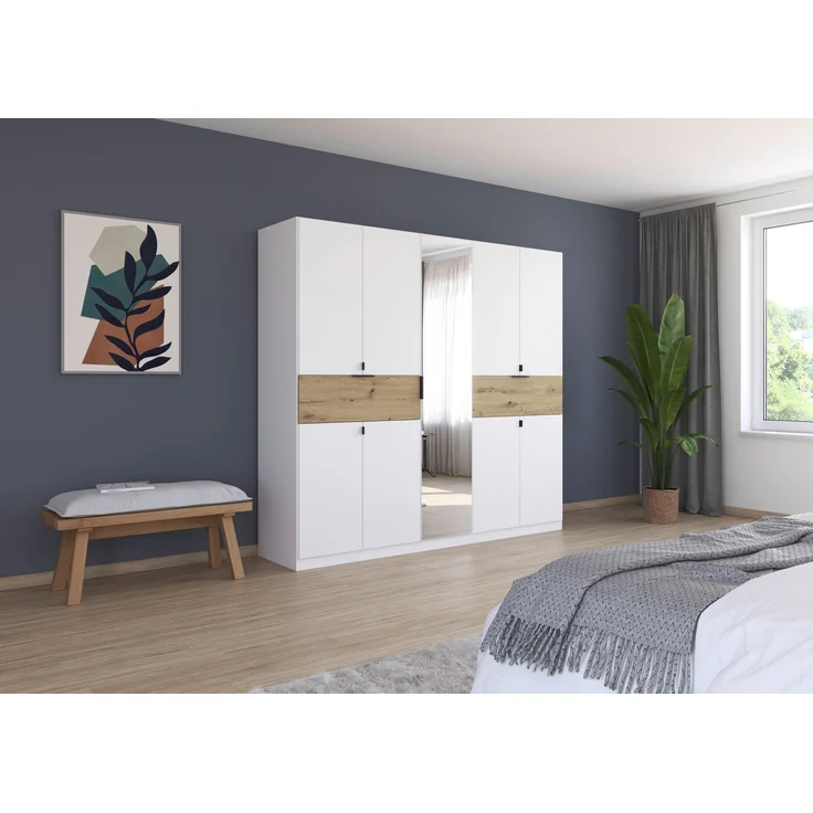 rauch Kleiderschrank, Drehtürenschrank TICAO, 9-türig, 1 Spiegeltüre, 2 Schubkästen, inkl. Türdämpferset, Alpinweiß, 226 x 210 x 54 cm – Bild 1