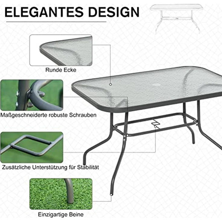 Outsunny Gartentisch, Grau, Metall mit gehärteter Glasplatte, 120x80x70 cm, inkl. Schirmöffnung – Bild 5