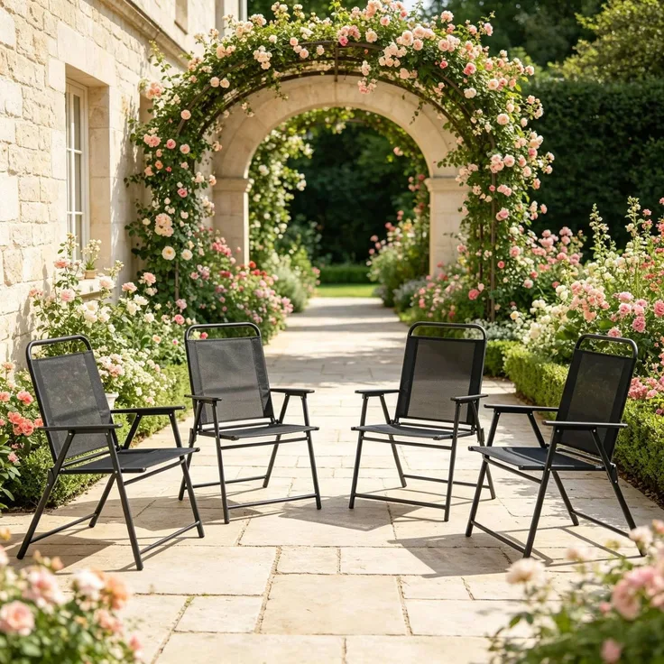 Klappbares Gartenstuhl-Set aus Stahl, 4er-Set mit Armlehnen, 65x60x94 cm, Schwarz