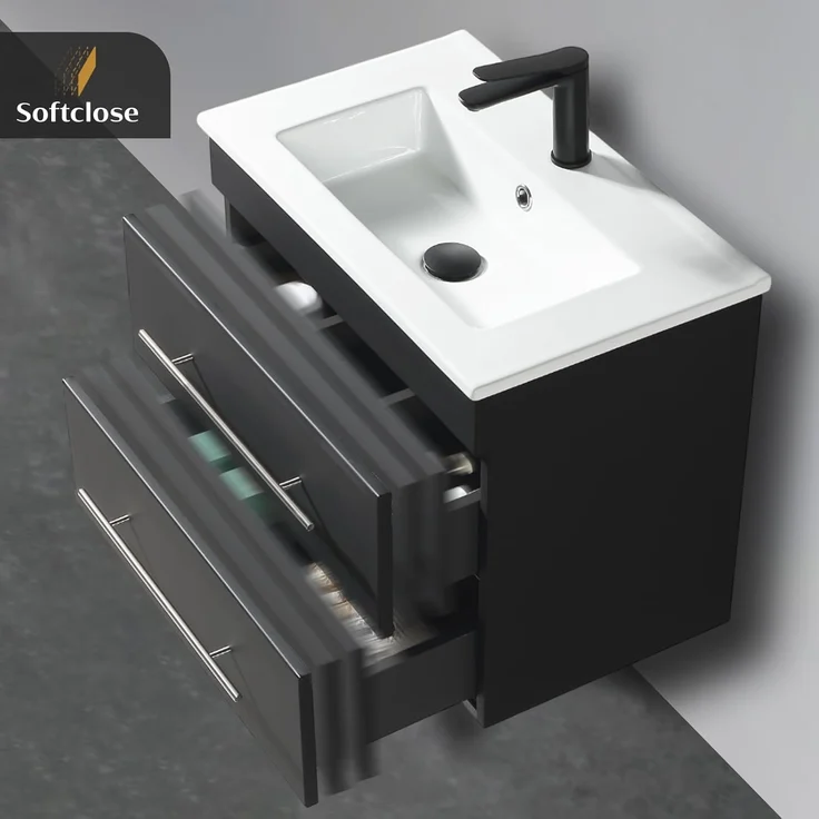 Alpenberger Badmöbel-Set Waschbecken mit Unterschrank - Waschbeckenunterschrank mit Schubladen, (Waschtisch mit Waschbecken 60cm breit, Waschbeckenschrank Hängend), Badezimmerschrank Schwarz Matt 60 cm Breit – Bild 6