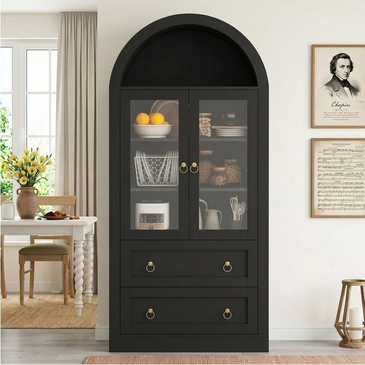 Flieks Hochschrank Bogen-Glasvitrine mit Schubladen, Doppeltüren und Retro-Metallgriffen (mit verstellbarer Einlegeböden, 1-St, 80x36x170 cm) Mehrzweckschrank Küchenbuffet Wohnzimmerschrank Schwarz – Bild 3
