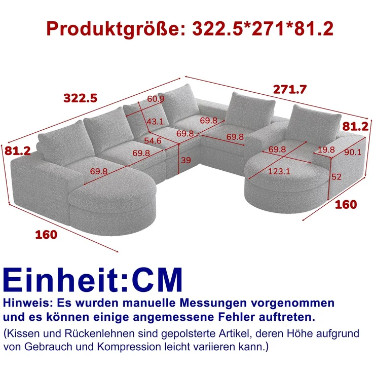 Modulares Sofa H 81.2 x T 322.5 x B 271.5 cm mit Chaiselongue, 2-teilig, Chenille in Grau, flexibel stellbar – Bild 5