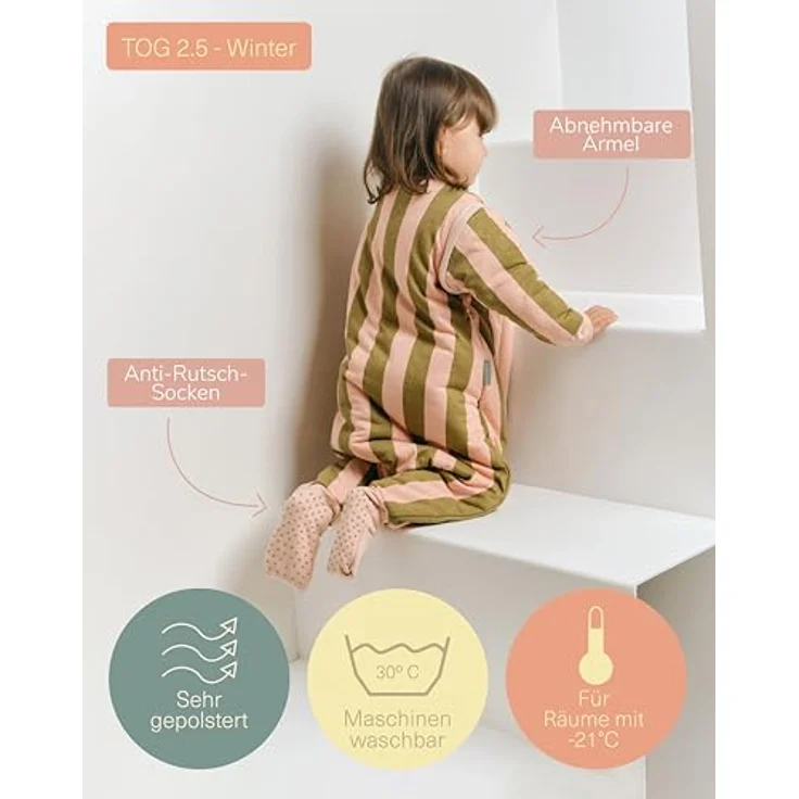 molis&co. Baby-Schlafsack mit Füßen, abnehmbare Ärmel und Socken. 2.5 TOG. Ideal für die Übergangszeit und den Winter. 100% Baumwolle (Oeko-TEX 100). (Khaki&Rose Stripes, 90 cm (3 Jahre)) – Bild 5