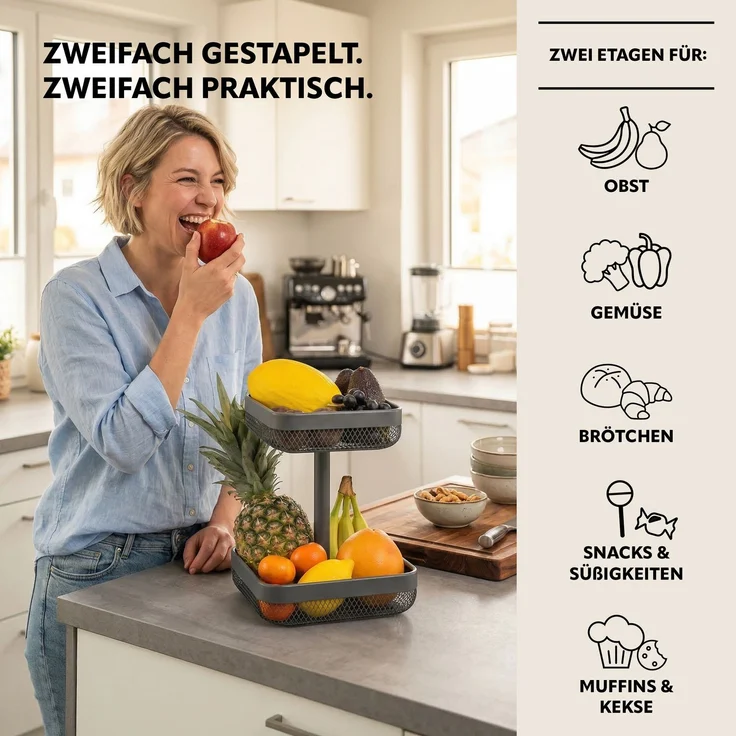 eluno 2-stöckige eckige Obstetagere / Brotkorb, Obstschale, Obstkorb, Metall, grau, 20 x 20 cm und 25 x 25 cm – Bild 2