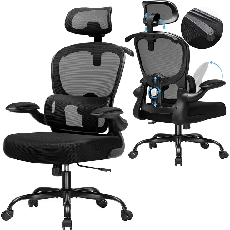 COMHOMA Bürostuhl Ergonomischer Schreibtischstuhl mit 3D Kopf- und Lendenwirbelstütze (Packung), verstellbare Kopfstütze und Armlehnen, Höhenverstellbar