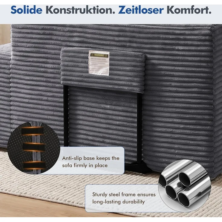 COMHOMA Ecksofa mit Schlaffunktion, 228cm Corduroy Modulares Boneless Couch mit Chaiselongue & Rücken-Metallgestell, L-Form Schlafsofa mit offenem Design, Kissen & Seitentaschen,für Wohnzimmer, GRAU-L – Bild 4